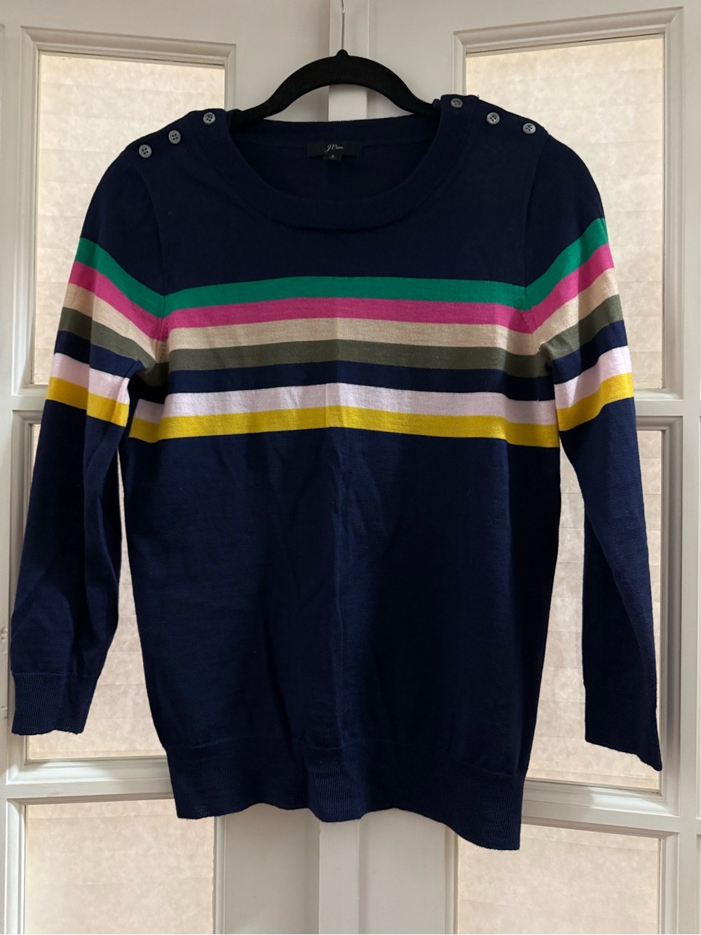 J. Crew Navy Crewneck Sweater with Green, Pink, Yellow & Cream Stripes